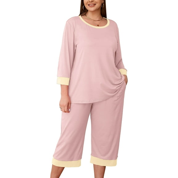 SHOWMALL Women Plus Pajama Sets 3/4 Sleeves Crew-Neck Tops and Loose Capri Pants Lounge Set Soft Sleepwear