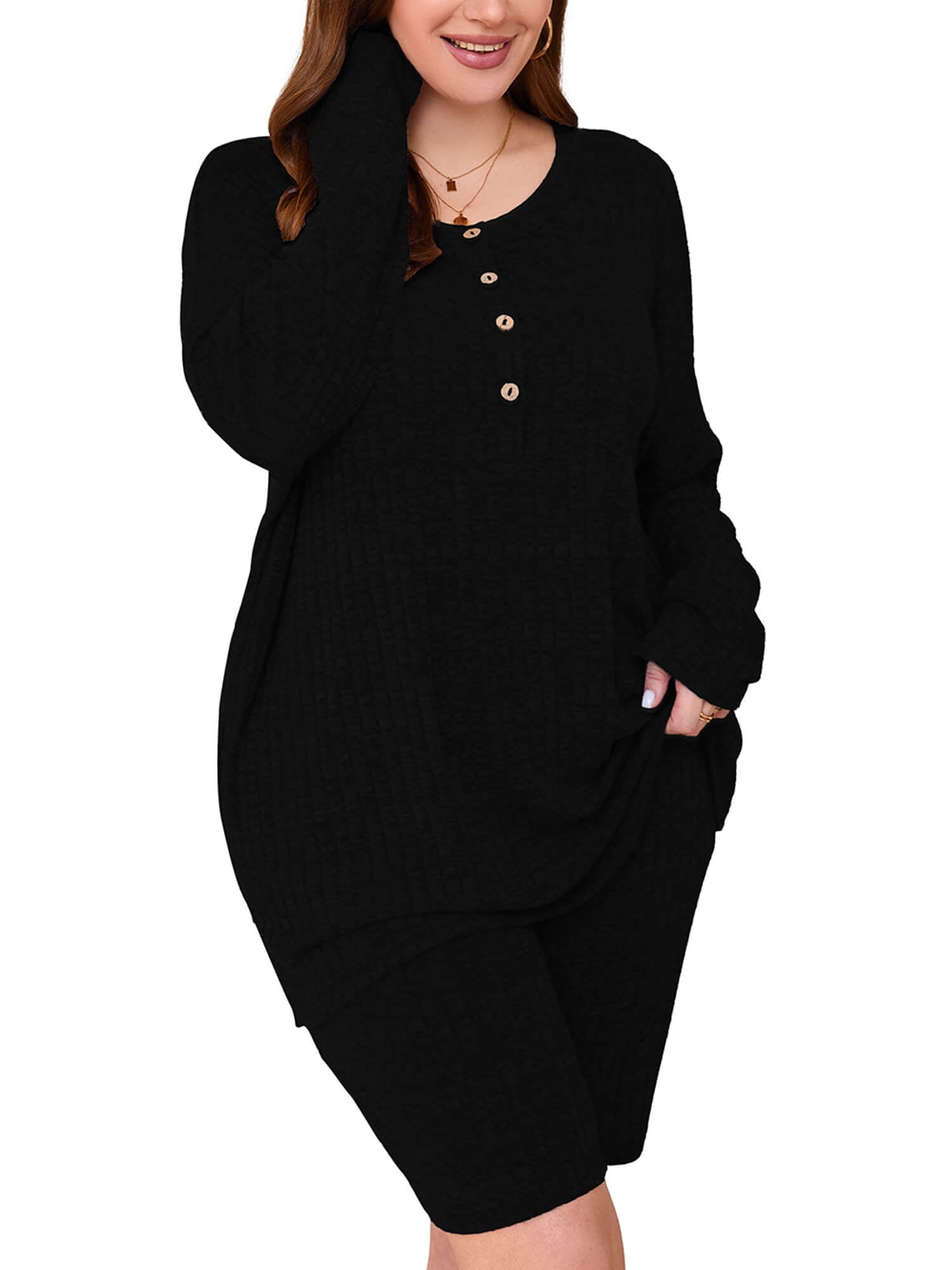 Phalaenopsis Ribbed Knit T Shirt and Shorts Plus Size Lounge Set main image 0