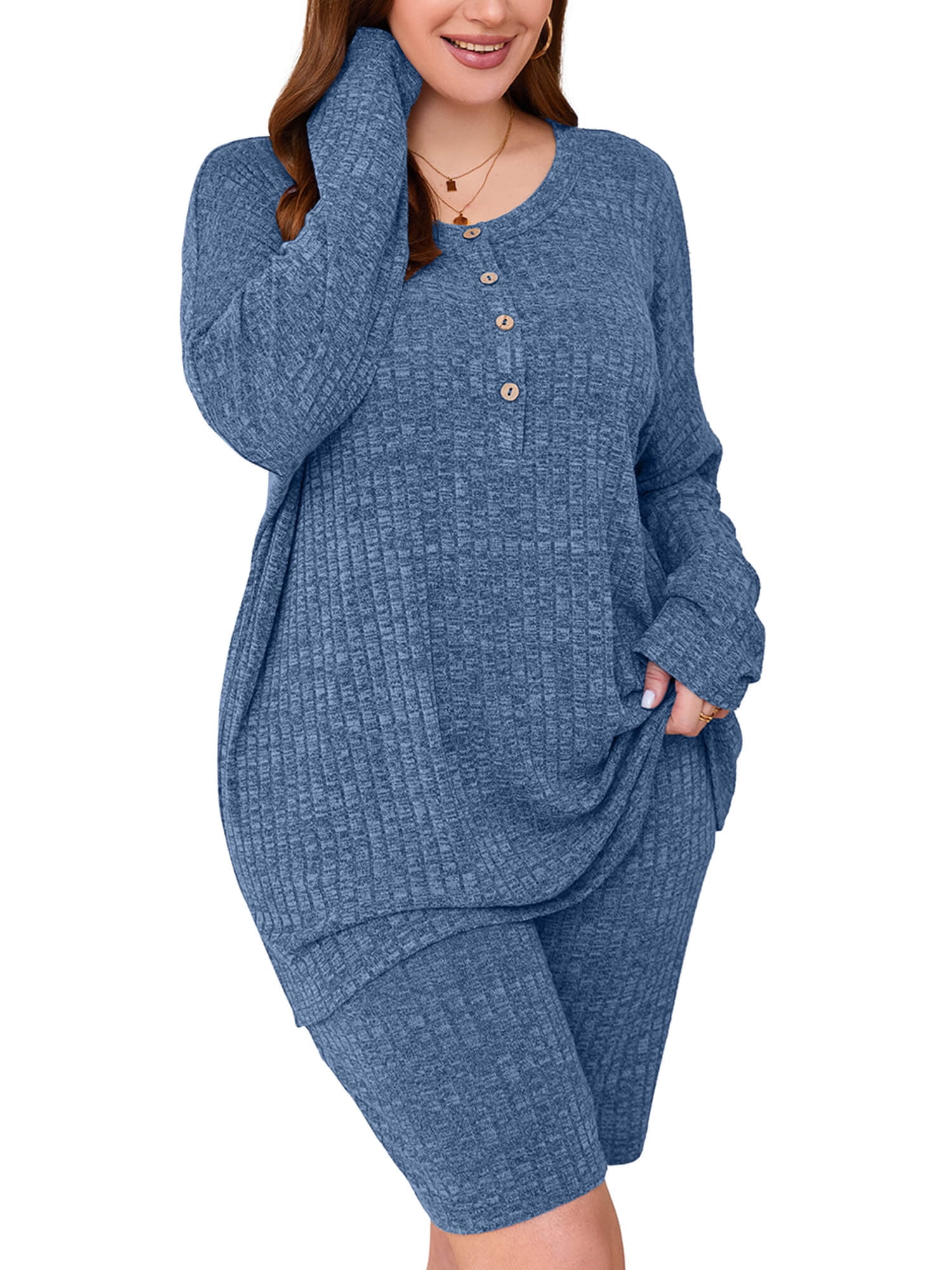 SHOWMALL Women Plus Pajamas Sets Lightweight for Spring / Summer Plus Size Loungewear Sets 2 Piece Blue 3X Ribbed Knit Matching Outfits T-shirt Biker Shorts Sleepwear