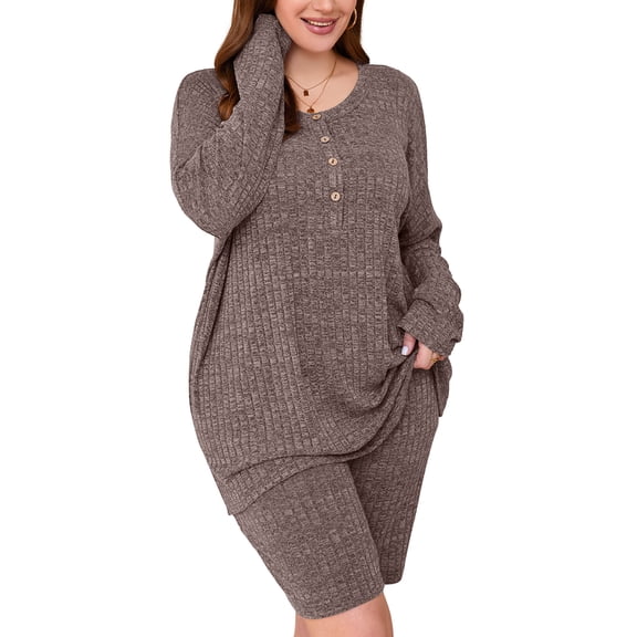 SHOWMALL Plus Outfit Sets for Women 2 Piece Matching Loungewear Coffee 3X Ribbed Knit Sets T-shirt Biker Shorts Sweatsuits Plus Size Pajamas, Lightweight for Spring / Summer / Fall / Winter