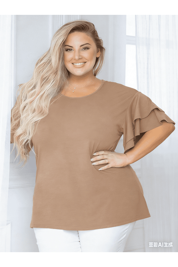 Women Plus Shirts Blouse Ruffle Short Sleeve Cocoa Brown 3X Tunic Shirt Summer Tops Loose Fitting Clothing