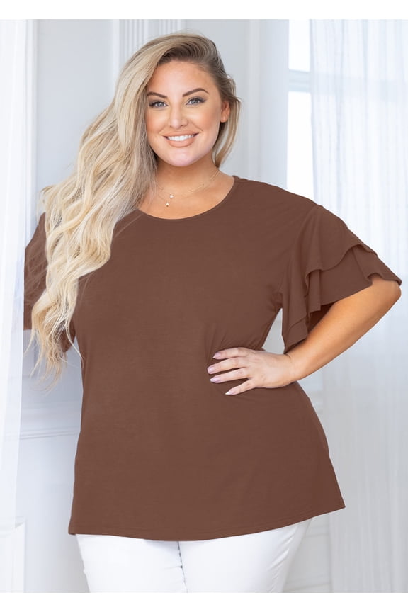 Women Plus Shirts Blouse Ruffle Short Sleeve Cocoa Brown 3X Tunic Shirt Summer Tops Loose Fitting Clothing