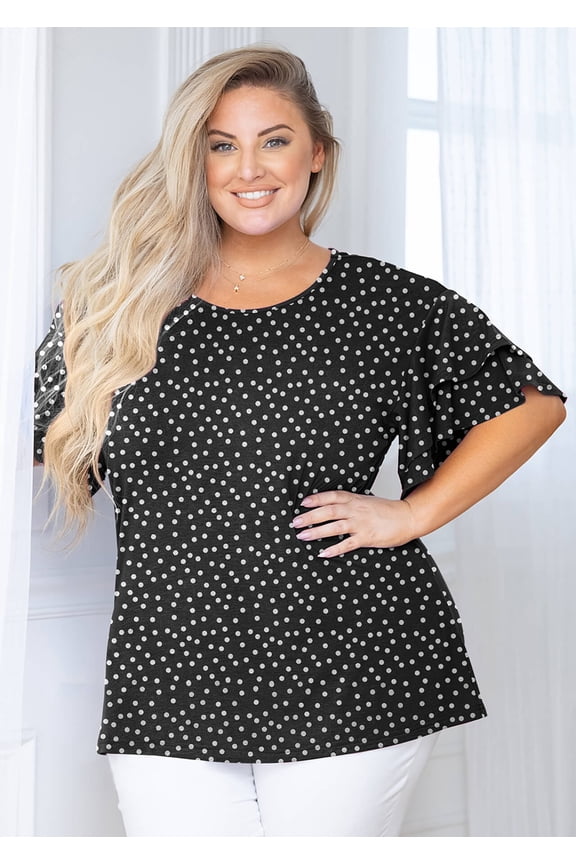 Women Plus Shirts Blouse Ruffle Short Sleeve Polkadots Black 1X Tunic Shirt Summer Tops Loose Fitting Clothing
