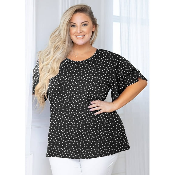SHOWMALL Women Plus Shirts Blouse Ruffle Short Sleeve Polkadots Black 3X Tunic Shirt Summer Tops Loose Fitting Clothing