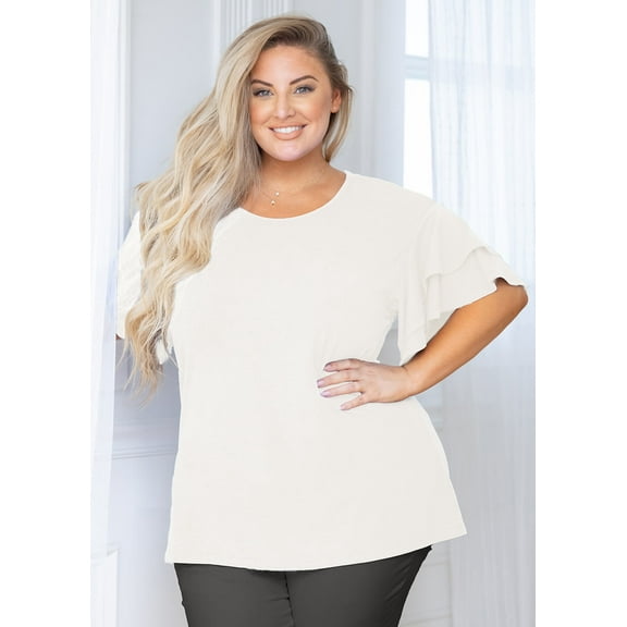 SHOWMALL Women Plus Shirts Double Ruffle Short Sleeve White 3X Tunic Shirt Summer Tops Loose Fitting Clothing