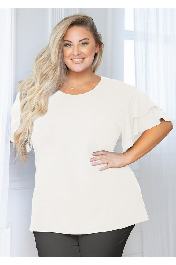 Women Plus Shirts Double Ruffle Short Sleeve White 3X Tunic Shirt Summer Tops Loose Fitting Clothing