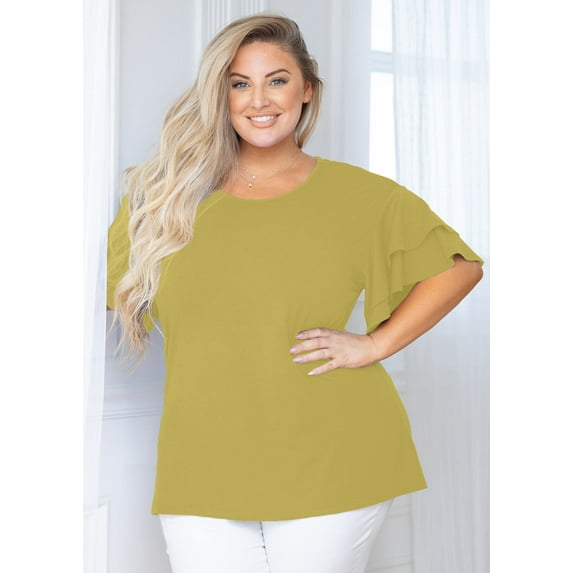 SHOWMALL Women Plus Shirts Double Ruffle Short Sleeve Yellow 2X Tunic Shirt Summer Tops Loose Fitting Clothing
