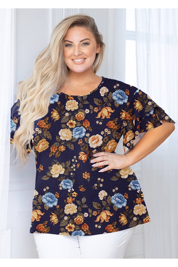 Women Plus Shirts Double Ruffle Short Sleeve Yellow Blue Flower 3X Tunic Shirt Summer Tops Loose Fitting Clothing