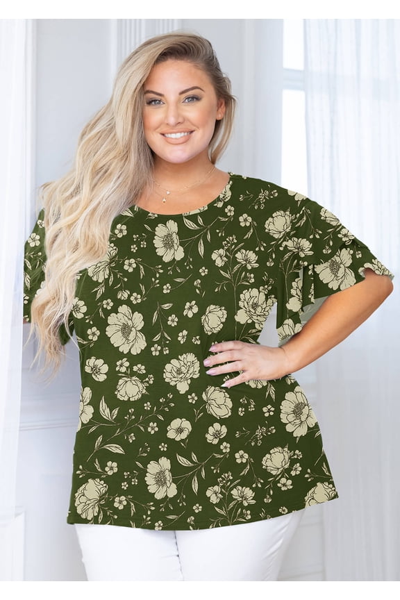 Women Plus Shirts Floral Double Ruffle Short Sleeve Vintage Moss Floral 2X Tunic Shirt Summer Tops Loose Fitting Clothing