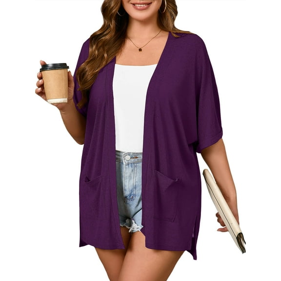 SHOWMALL Women Plus Size Beach Cover Up Summer Cardigan Purple 3X Short Sleeve Open Front Lightweight Drape Cardigan with Pockets