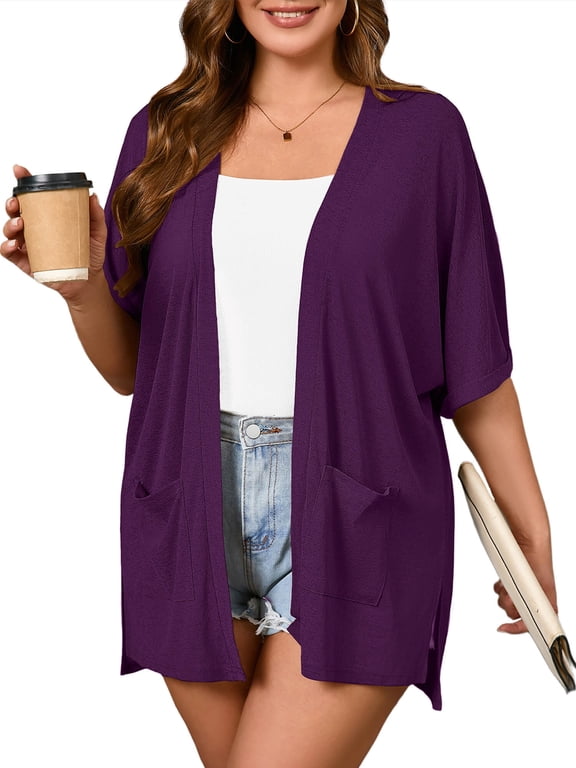 Women Plus Size Beach Cover Up Summer Cardigan Purple 3X Short Sleeve Open Front Lightweight Drape Cardigan with Pockets