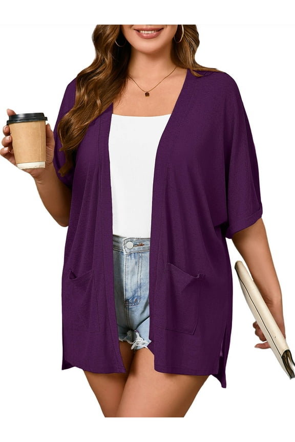 Women Plus Size Beach Cover Up Summer Cardigan Purple 3X Short Sleeve Open Front Lightweight Drape Cardigan with Pockets