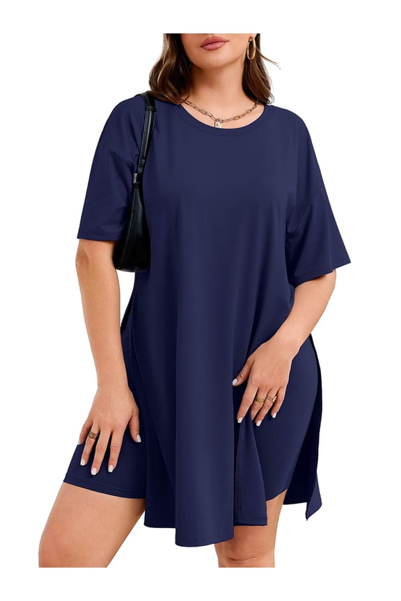 Women's Plus Size 2 Piece Outfit Sets, Navy Blue 3X Short Sleeve Side Split Tunic Tops and Biker Shorts Sets, Summer Soft Loungewear