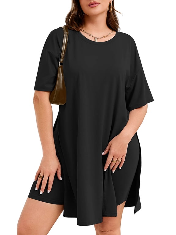 Women's Plus Size 2 Piece Outfit Sets, Black 3X Short Sleeve Side Split Tunic Tops and Biker Shorts Sets, Summer Soft Loungewear