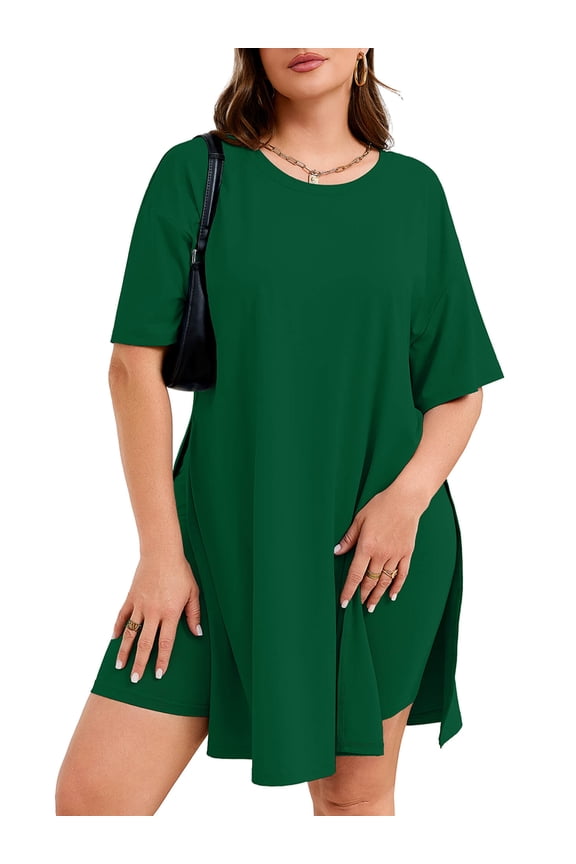 Women's Plus Size 2 Piece Outfits, Green 3X Short Sleeve Side Split Tunic Tops and Biker Shorts Sets, Summer Maternity Friendly Lounge Set Pajamas