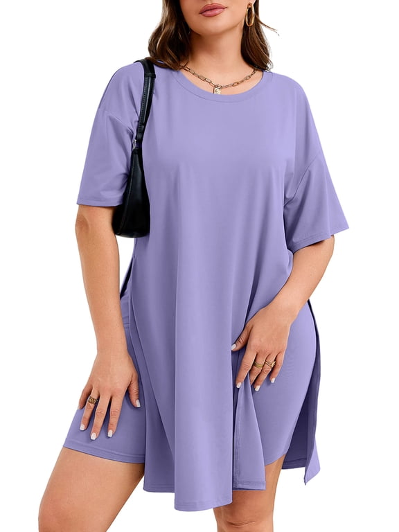 Women's Plus Size 2 Piece Outfit Sets, Purple Gray 3X Short Sleeve Side Split Tunic Tops and Biker Shorts Sets, Summer Soft Loungewear