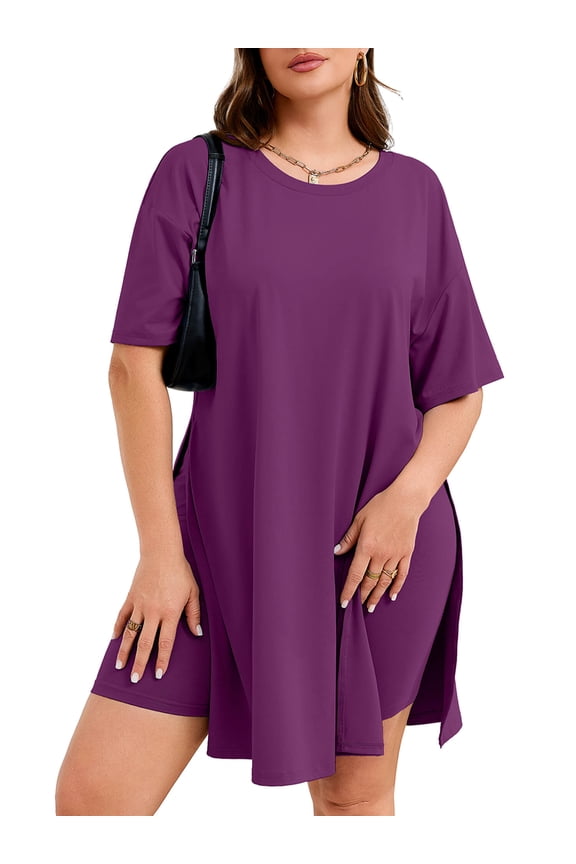 Women's Plus Size 2 Piece Outfits, Purple 3X Short Sleeve Side Split Tunic Tops and Biker Shorts Sets, Summer Maternity Friendly Lounge Set Pajamas