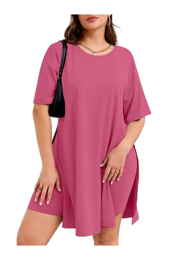 Women's Plus Size 2 Piece Outfits, Magenta 3X Short Sleeve Side Split Tunic Tops and Biker Shorts Sets, Summer Maternity Friendly Lounge Set Pajamas