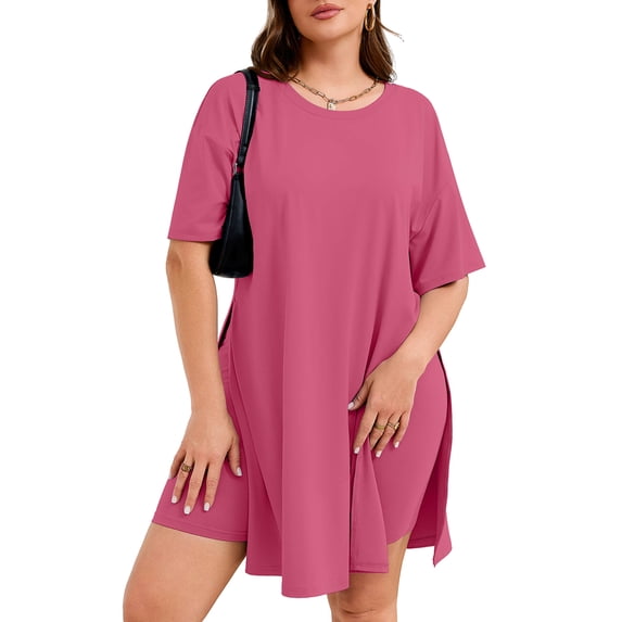 SHOWMALL Women's Plus Size 2 Piece Outfit Sets, Magenta 1X Short Sleeve Side Split Tunic Tops and Biker Shorts Sets, Summer Soft Loungewear