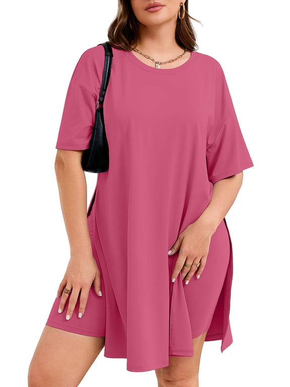 Women's Plus Size 2 Piece Outfit Sets, Magenta 3X Short Sleeve Side Split Tunic Tops and Biker Shorts Sets, Summer Soft Loungewear