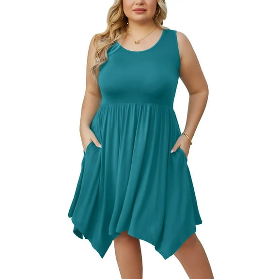 SHOWMALL Women Plus Size Dress Beach Pleated Sleeveless Sundress Casual Irregular Hem Loose Babydoll Swing T-shirt Dress with Pockets, US Size 3X in Lake Blue
