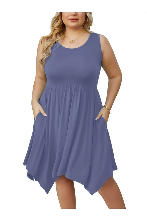 Women Plus Size Dress Beach Pleated Sleeveless Sundress Casual Irregular Hem Loose Babydoll Swing T-shirt Dress with Pockets, US Size 3X in Purple Gray