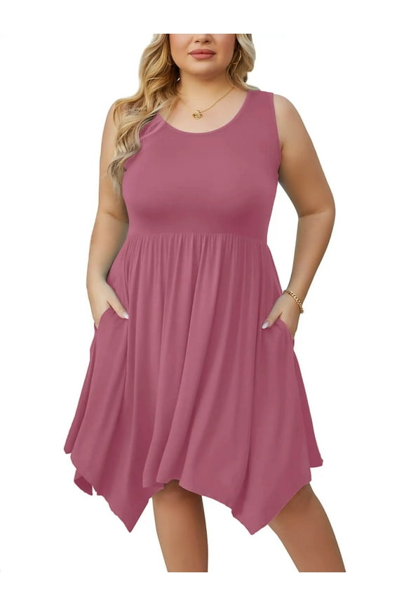 Women Plus Size Dress Beach Pleated Sleeveless Sundress Casual Irregular Hem Loose Babydoll Swing T-shirt Dress with Pockets, US Size 3X in Purple Red