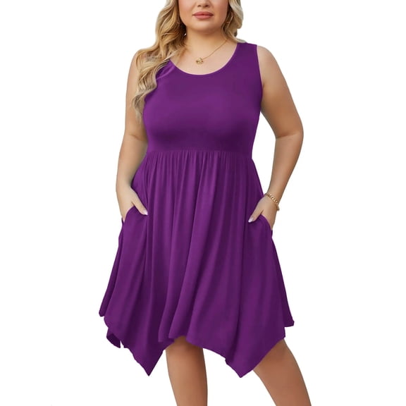 SHOWMALL Women Plus Size Dress Beach Pleated Sleeveless Sundress Casual Irregular Hem Loose Babydoll Swing T-shirt Dress with Pockets, US Size 4X in Purple