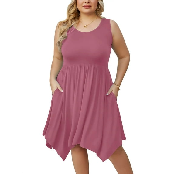 SHOWMALL Women Plus Size Dress Beach Pleated Sleeveless Sundress Casual Irregular Hem Loose Babydoll Swing T-shirt Dress with Pockets, US Size 5X in Purple Red