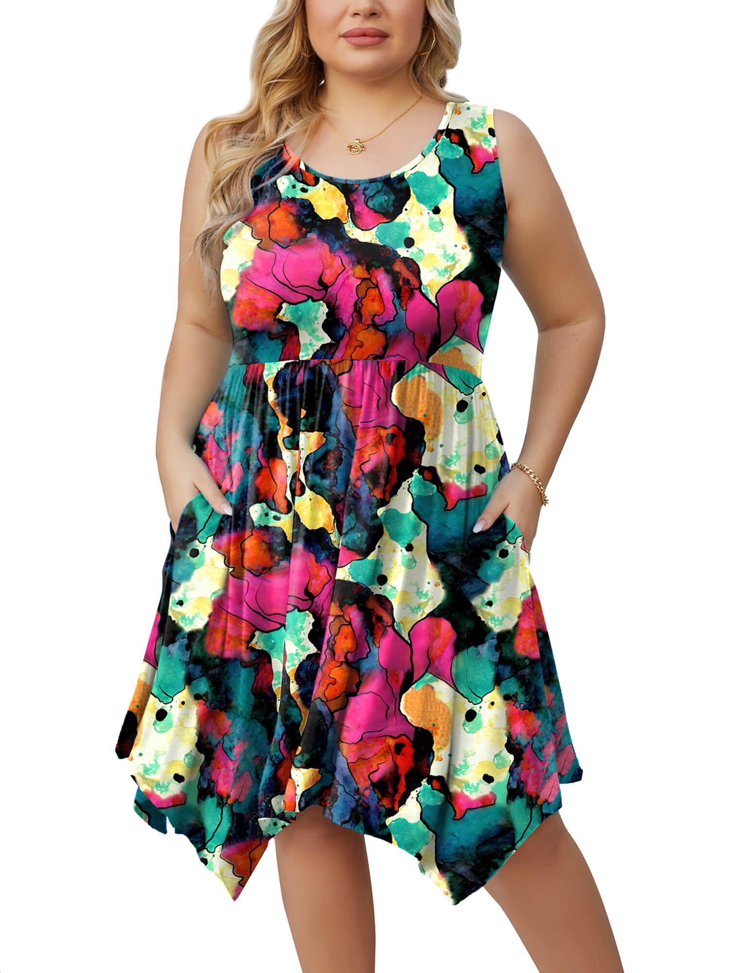 JollieLovin Women's Plus Size Cold Shoulder Sundress - V-Neck Flowy T-Shirt Dress With Pockets - View #3