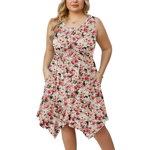 SHOWMALL Women Plus Size Dress Floral Beach Pleated Sleeveless Sundress Casual Irregular Hem Loose Babydoll Swing T-shirt Dress with Pockets, US Size 3X in Creamy Vintage Blossom