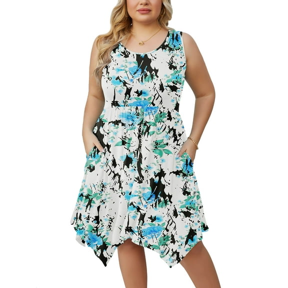 SHOWMALL Women Plus Size Dress Floral Beach Pleated Sleeveless Sundress Casual Irregular Hem Loose Babydoll Swing T-shirt Dress with Pockets, US Size 3X in White Watercolor Botanical Splash