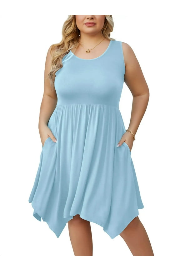 Women Plus Size Dress Sleeveless Summer Dress Irregular Hem Casual Midi Dress Plain Pleated Scoop Neck Flowy Tank Dresses with Pockets, US Size 3X in Light Blue