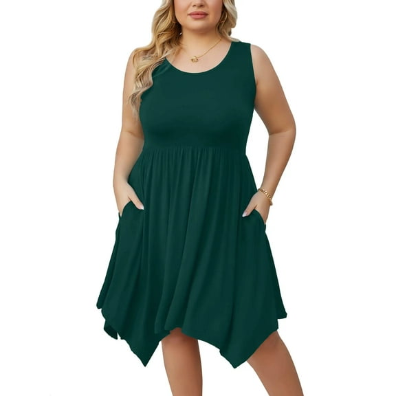 SHOWMALL Women Plus Size Dress Sleeveless Summer Dress Midi Irregular Hem Casual Dress Plain Pleated Scoop Neck Flowy Tank Vest Dresses with Pockets, US Size 1X in Dark Green
