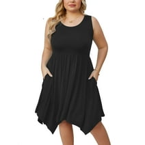 SHOWMALL Women Plus Size Dress Sleeveless Summer Dress Irregular Hem Casual Midi Dress Plain Pleated Scoop Neck Flowy Tank Dresses with Pockets, US Size 3X in Black