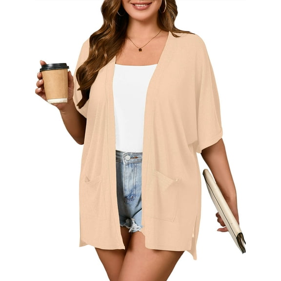 SHOWMALL Women Plus Size Lightweight Cardigan Cream Beige 3X Summer Short Sleeve Open Front Cardigan with Pockets Drape Beach Cover Up
