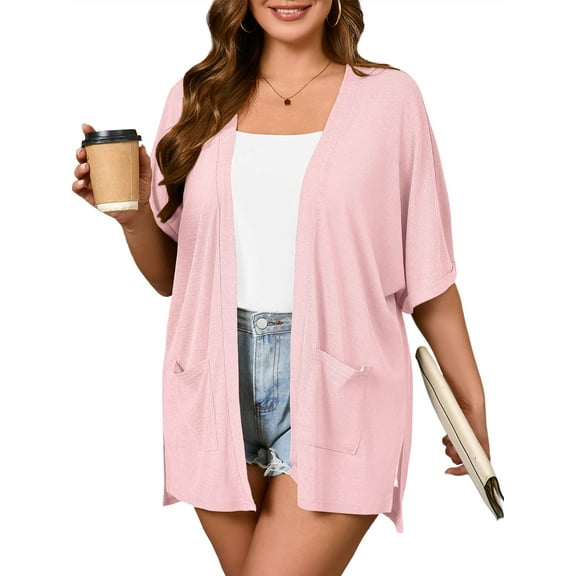 SHOWMALL Women Plus Size Lightweight Cardigan Pink 3X Summer Short Sleeve Open Front Cardigan with Pockets Drape Beach Cover Up