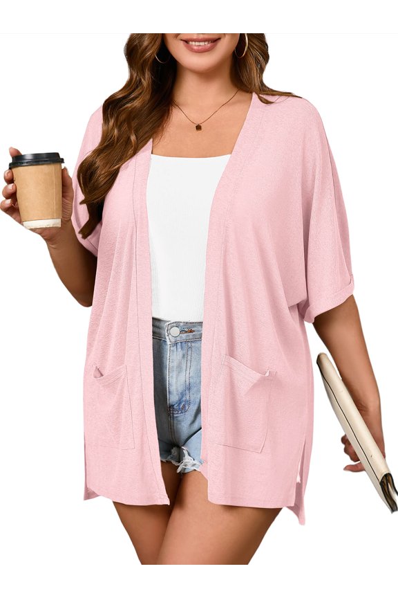 Women Plus Size Lightweight Cardigan Pink 3X Summer Short Sleeve Open Front Cardigan with Pockets Drape Beach Cover Up