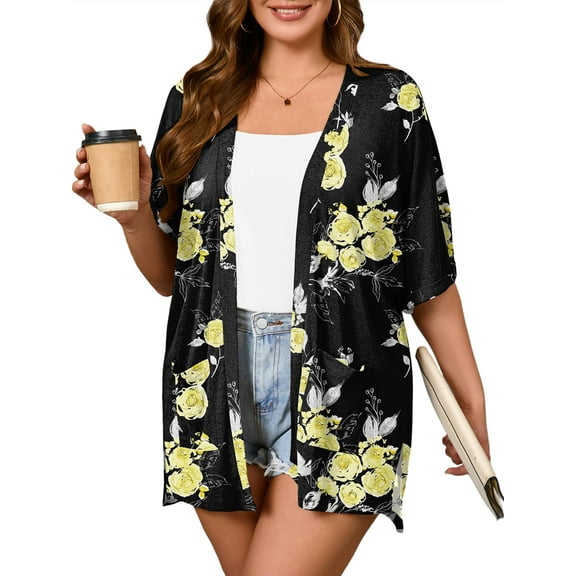 SHOWMALL Women Plus Size Lightweight Floral Shrugs Black Golden Floral 3X Summer Short Sleeve Open Front Cardigan with Pockets Drape Beach Cover Up