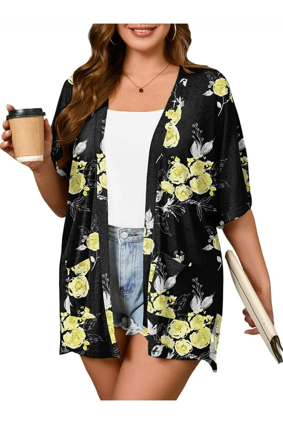 Women Plus Size Lightweight Floral Shrugs Black Golden Floral 4X Summer Short Sleeve Open Front Cardigan with Pockets Drape Beach Cover Up
