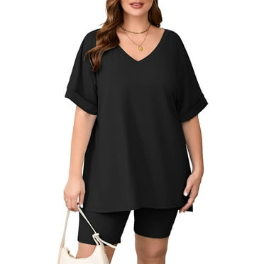 SHOWMALL Women Plus Size Outfits Set Soft Loungewear Black 3X Summer 2-Piece Pajamas Short Sleeves and Bliker Shorts Skims Boyfriend Lounge Sets for Women
