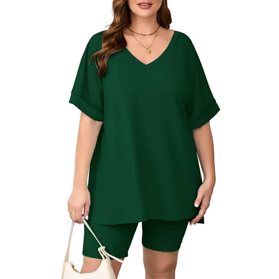 SHOWMALL Women Plus Size Outfits Set Soft Loungewear Dark Green 5X Summer 2-Piece Pajamas Short Sleeves and Bliker Shorts Lounge Sets for Women