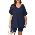 thumbnail image 1 of SHOWMALL Women Plus Size Outfits Set Soft Loungewear Navy Blue 2X Summer 2-Piece Pajamas Short Sleeves and Bliker Shorts Lounge Sets for Women, 1 of 7