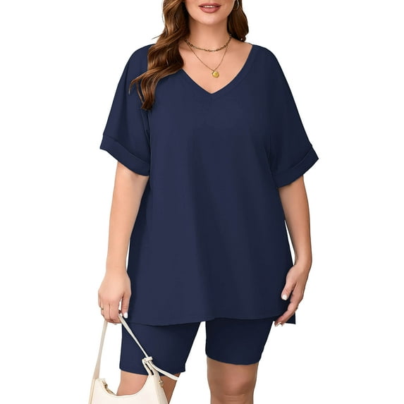 SHOWMALL Women Plus Size Outfits Set Soft Loungewear Navy Blue 2X Summer 2-Piece Pajamas Short Sleeves and Bliker Shorts Lounge Sets for Women