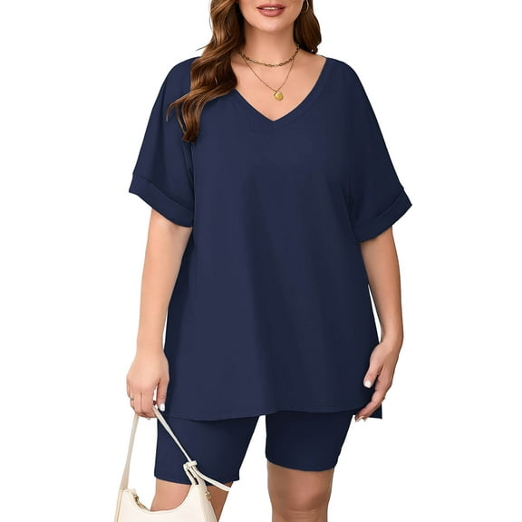 SHOWMALL Women Plus Size Outfits Set Soft Loungewear Navy Blue 4X Summer 2-Piece Pajamas Short Sleeves and Bliker Shorts Lounge Sets for Women
