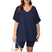 SHOWMALL Women Plus Size Outfits Set Soft Loungewear Navy Blue 5X Summer 2-Piece Pajamas Short Sleeves and Bliker Shorts Lounge Sets for Women
