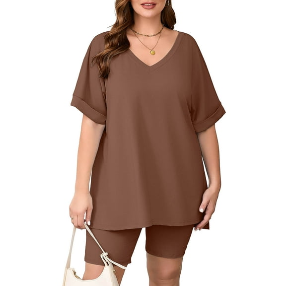 SHOWMALL Women Plus Size Outfits Set Soft Loungewear Pastel Brown 3X Summer 2-Piece Pajamas Short Sleeves and Bliker Shorts Lounge Sets for Women