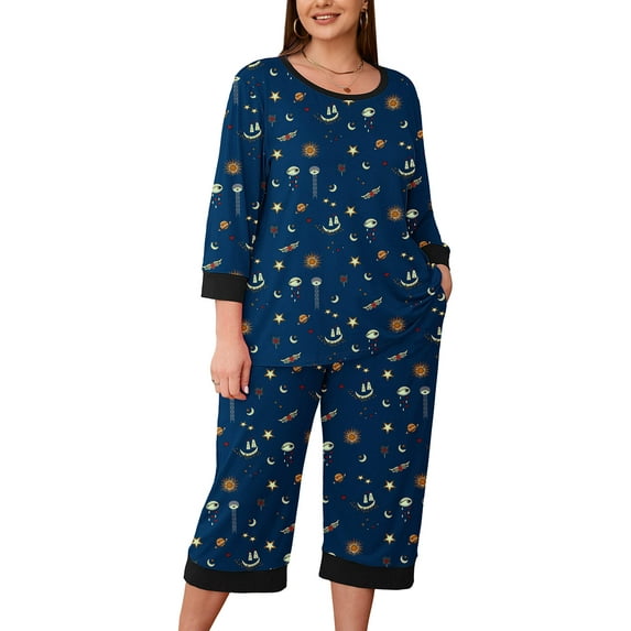 SHOWMALL Women Plus Size Pajamas Set 3/4 Sleeves Pjs Sleepwear Floral Loungewear Nightwear with Pockets Starry Sky Deep Navy 4X