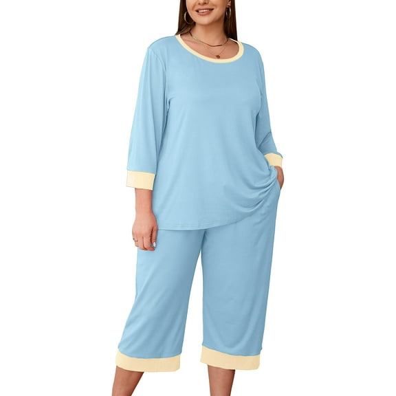 SHOWMALL Women Plus Size Pajamas Set 3/4 Sleeves Pjs Sleepwear Loungewear Nightwear with Pockets Light Blue 4X