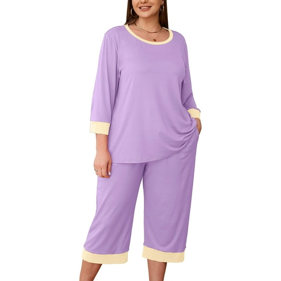 SHOWMALL Women Plus Size Pajamas Set 3/4 Sleeves Pjs Sleepwear Loungewear Nightwear with Pockets Light Purple 4X